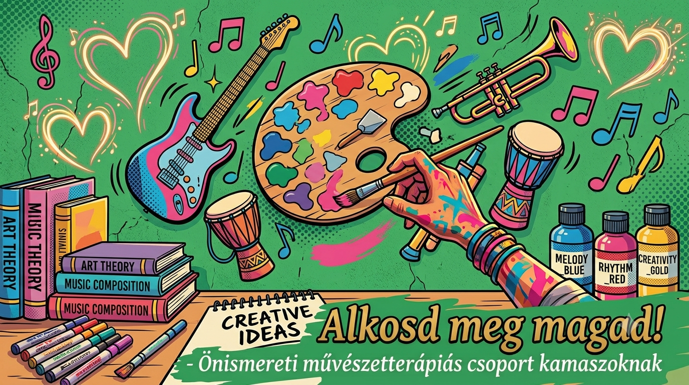 Alkosd meg magad! csoport borítóképe: színes rajzolt gitár, festőpaletta, dobok és zenei jelek zöld háttéren