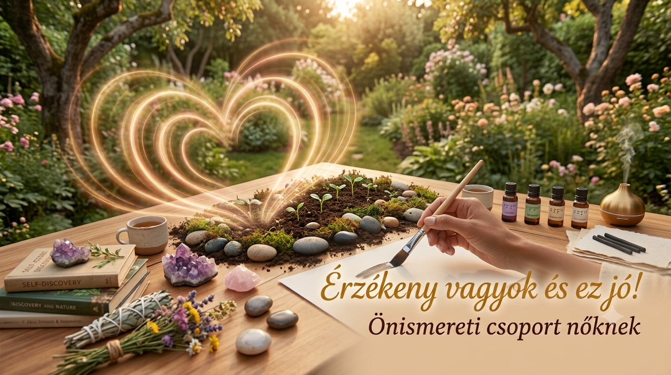 Érzékeny vagyok és ez jó! csoport borítóképe: kerti asztal ecsettel, kövekkel, virágokkal és fénylő szív